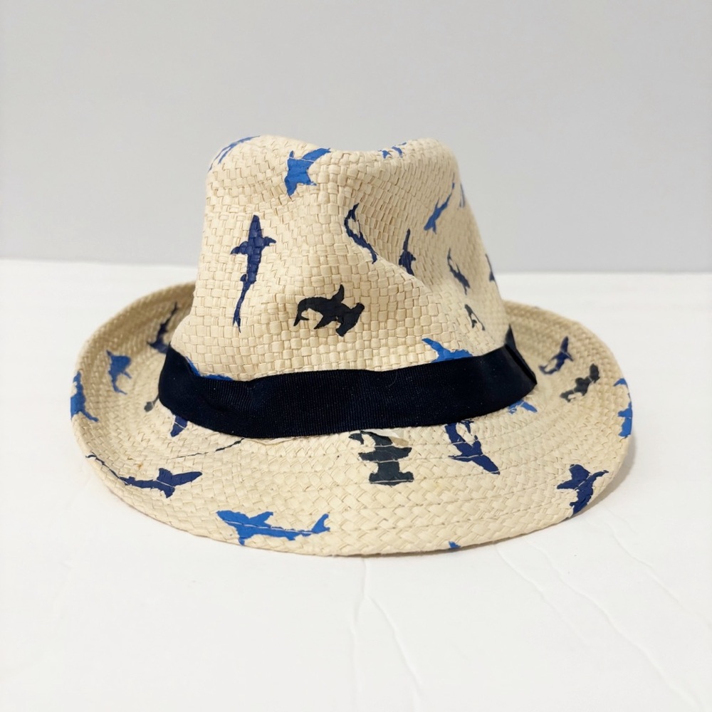 Addie & Tate Straw Fedora Hat Blue Shark Print Beach Vacation Preppy Nautical